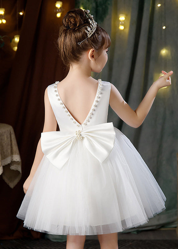 Elegant White Backless Pearl Tulle Girls Princess Dress Sleeveless TT028 WS-JRTZSDGL240817