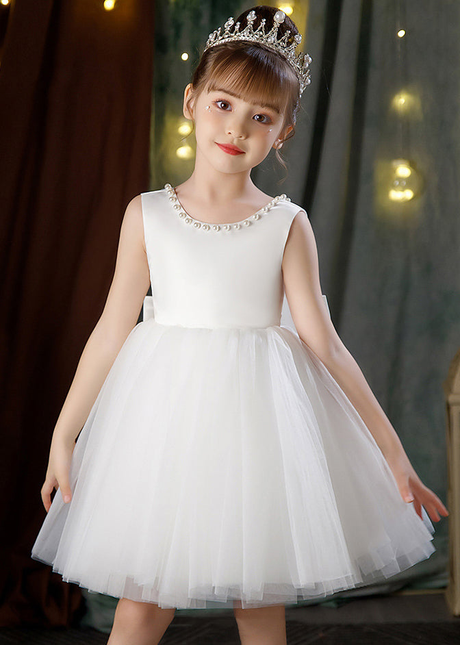 Elegant White Backless Pearl Tulle Girls Princess Dress Sleeveless TT028 WS-JRTZSDGL240817