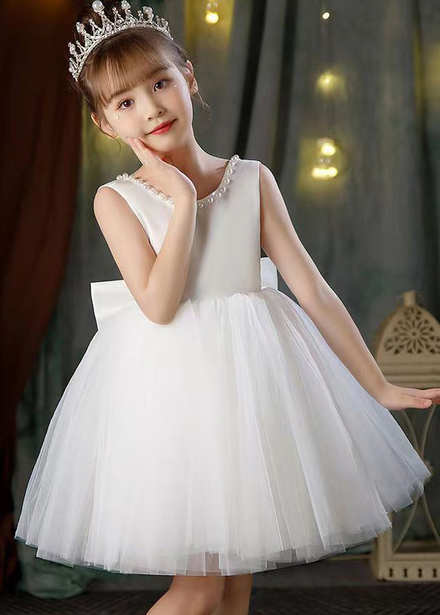 Elegant White Backless Pearl Tulle Girls Princess Dress Sleeveless TT028 WS-JRTZSDGL240817