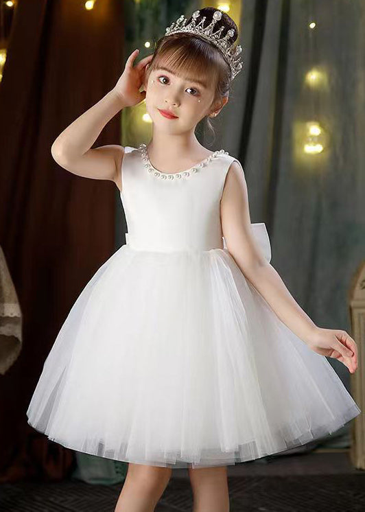 Elegant White Backless Pearl Tulle Girls Princess Dress Sleeveless TT028 WS-JRTZSDGL240817