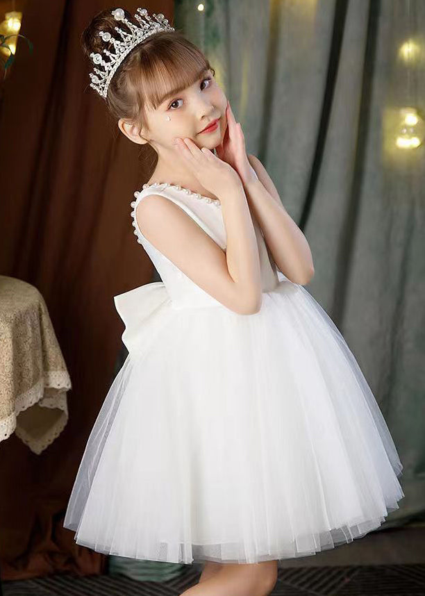 Elegant White Backless Pearl Tulle Girls Princess Dress Sleeveless TT028 WS-JRTZSDGL240817