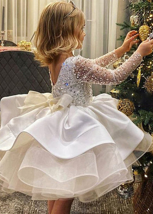 Elegant White Backless Sequins Patchwork Tulle Kids Mid Dresses Fall RP040 ABC