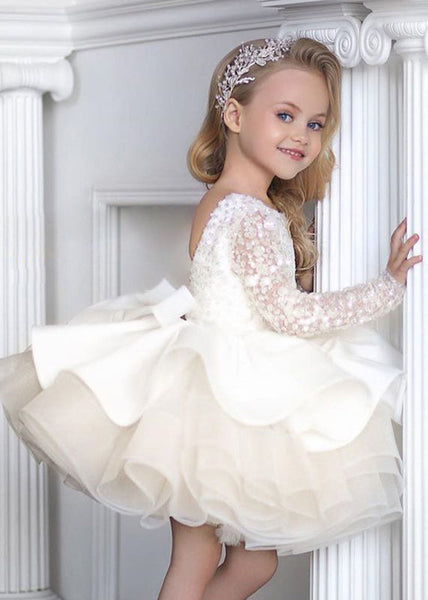 Elegant White Backless Sequins Patchwork Tulle Kids Mid Dresses Fall RP040 ABC
