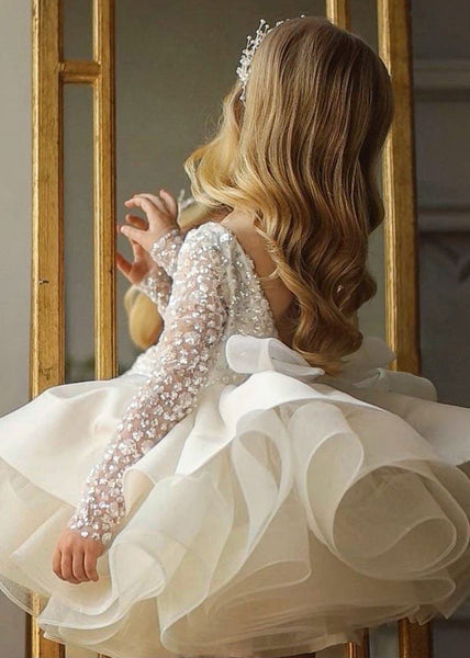 Elegant White Backless Sequins Patchwork Tulle Kids Mid Dresses Fall RP040 ABC