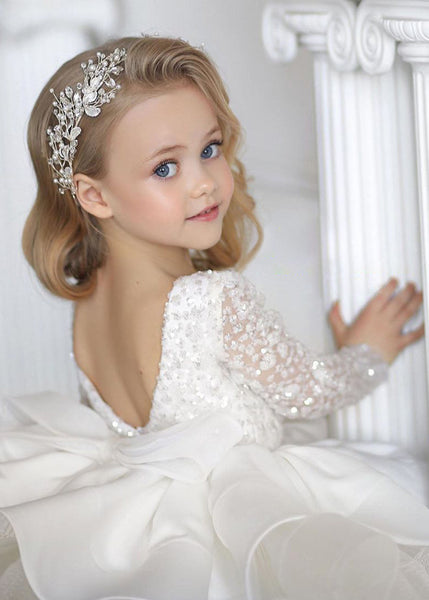 Elegant White Backless Sequins Patchwork Tulle Kids Mid Dresses Fall RP040 ABC