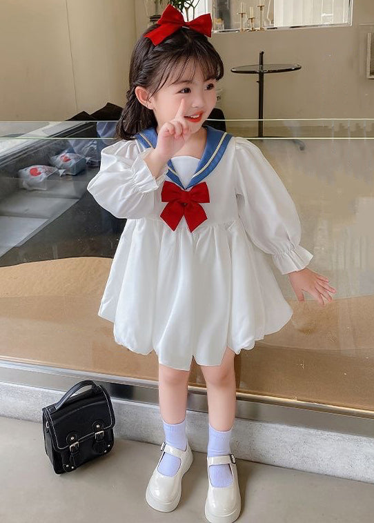 Elegant White Bow Solid Cotton Girls Mid Dresses Flare Sleeve XZ055 FALL-MM-RCTZ-FDGM240618