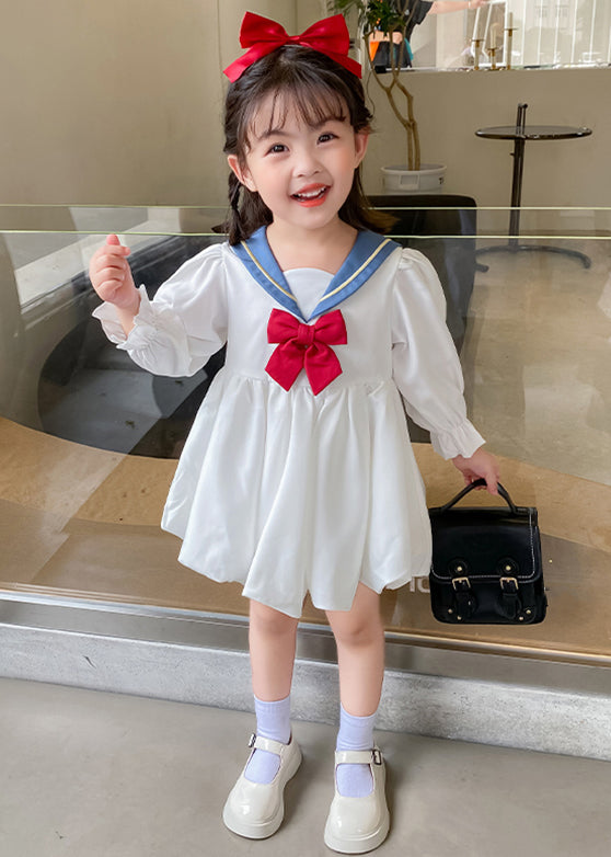 Elegant White Bow Solid Cotton Girls Mid Dresses Flare Sleeve XZ055 FALL-MM-RCTZ-FDGM240618