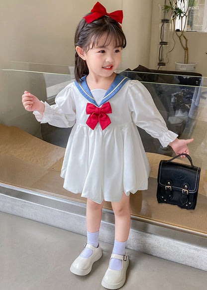 Elegant White Bow Solid Cotton Girls Mid Dresses Flare Sleeve XZ055 FALL-MM-RCTZ-FDGM240618