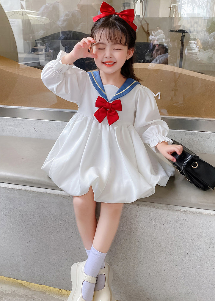 Elegant White Bow Solid Cotton Girls Mid Dresses Flare Sleeve XZ055 FALL-MM-RCTZ-FDGM240618