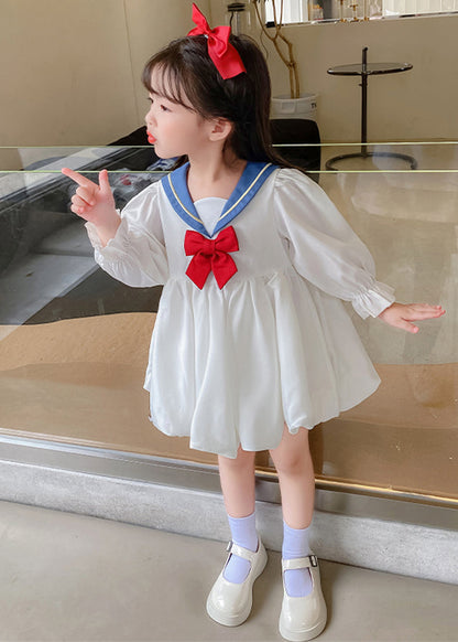 Elegant White Bow Solid Cotton Girls Mid Dresses Flare Sleeve XZ055 FALL-MM-RCTZ-FDGM240618