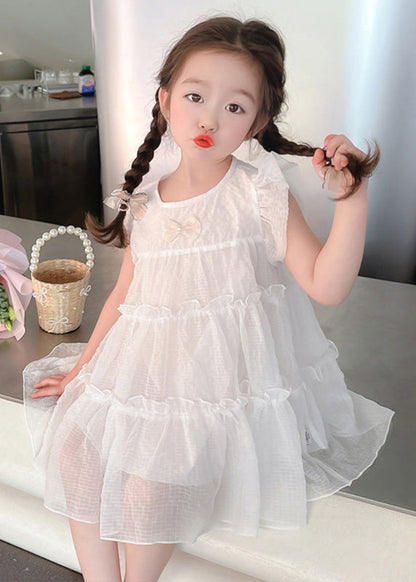 Elegant White Bow Tulle Kids A Line Mid Dresses Summer GF006 MM-RCTZ-SDM230724