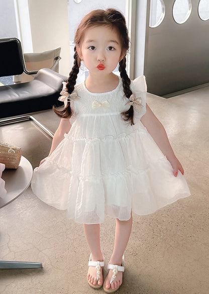 Elegant White Bow Tulle Kids A Line Mid Dresses Summer GF006 MM-RCTZ-SDM230724