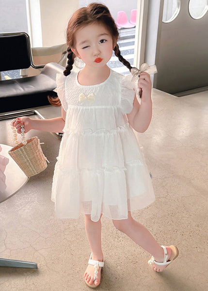 Elegant White Bow Tulle Kids A Line Mid Dresses Summer GF006 MM-RCTZ-SDM230724