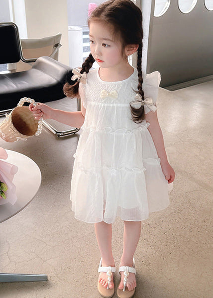Elegant White Bow Tulle Kids A Line Mid Dresses Summer GF006 MM-RCTZ-SDM230724