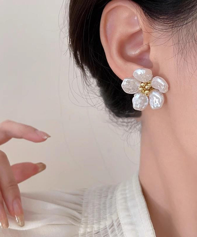 Pearl Earrings White Alloy Floral Copper Stud Elegant FashionChic