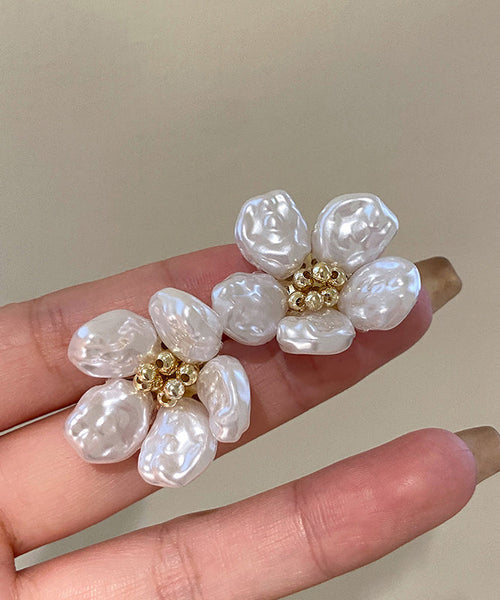 Pearl Earrings White Alloy Floral Copper Stud Elegant FashionChic