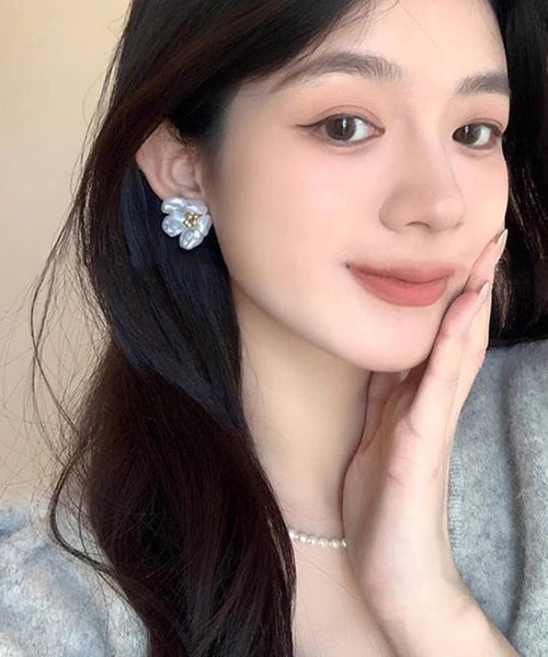 Pearl Earrings White Alloy Floral Copper Stud Elegant FashionChic