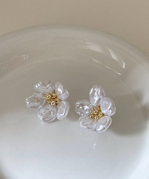Pearl Earrings White Alloy Floral Copper Stud Elegant FashionChic