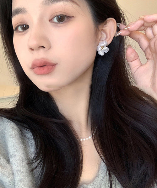 Pearl Earrings White Alloy Floral Copper Stud Elegant FashionChic