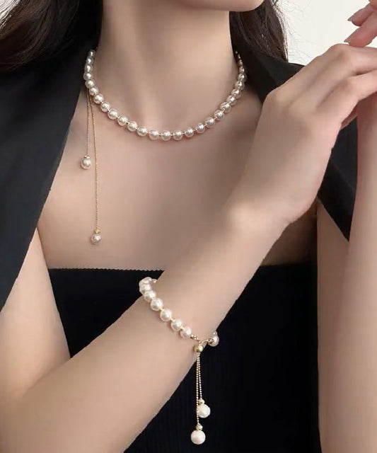 Elegant White Copper Alloy Pearl Tassel Charm Bracelet And Gratuated Bead Necklace Two Piece Set YU014 ABC