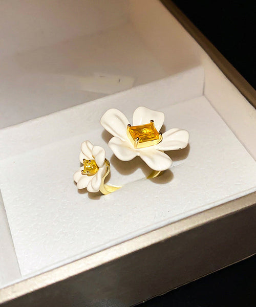 Open Floral Rings Elegant White Zircon Copper Acrylic Overgild FashionChic