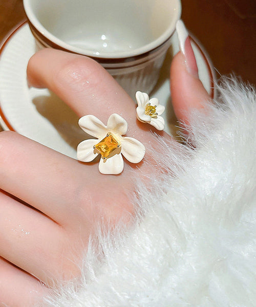 Open Floral Rings Elegant White Zircon Copper Acrylic Overgild FashionChic
