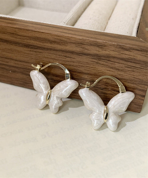 Overgild White Butterfly Glaze Elegant Earrings Drop Hoop Copper FashionChic