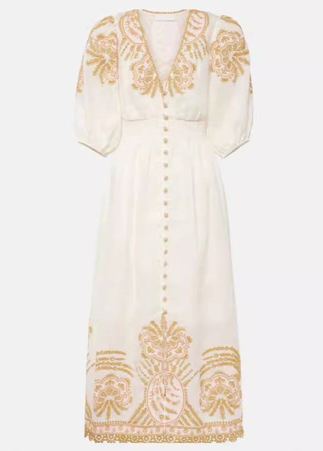 Elegant White Embroidered Button Cotton Long Dresses Summer AU1028 OM-ZS240902