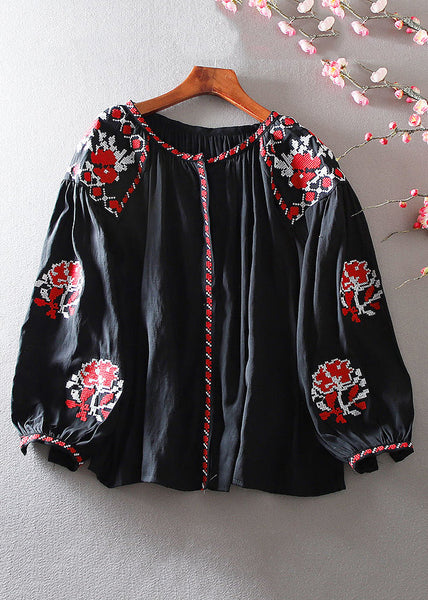 Elegant White Embroidered Floral Shirt Lantern Sleeve VV026 HS-LTP240627