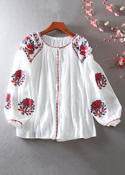 Elegant White Embroidered Floral Shirt Lantern Sleeve VV026 HS-LTP240627