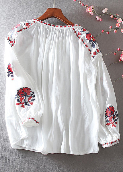 Elegant White Embroidered Floral Shirt Lantern Sleeve VV026 HS-LTP240627