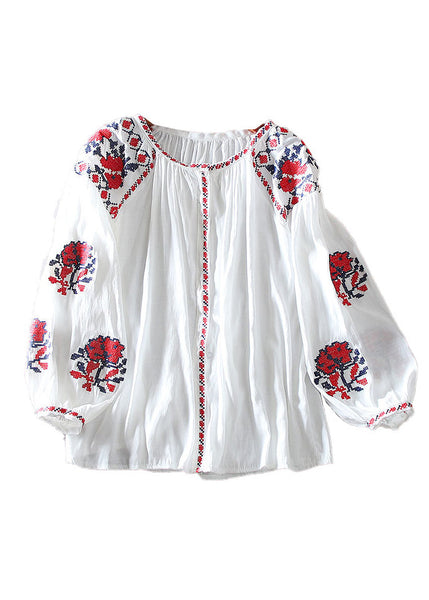 Elegant White Embroidered Floral Shirt Lantern Sleeve VV026 HS-LTP240627