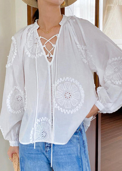 Up Elegant White Out Lace Cotton Embroidered Hollow Blouses FashionChic