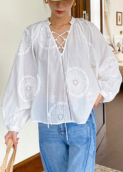 Up Elegant White Out Lace Cotton Embroidered Hollow Blouses FashionChic