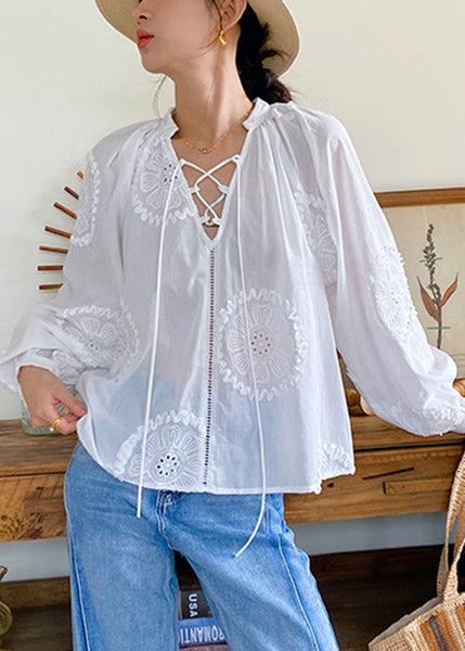 Up Elegant White Out Lace Cotton Embroidered Hollow Blouses FashionChic