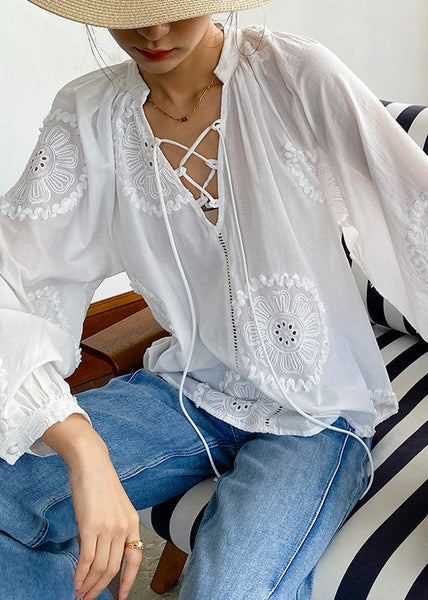 Up Elegant White Out Lace Cotton Embroidered Hollow Blouses FashionChic