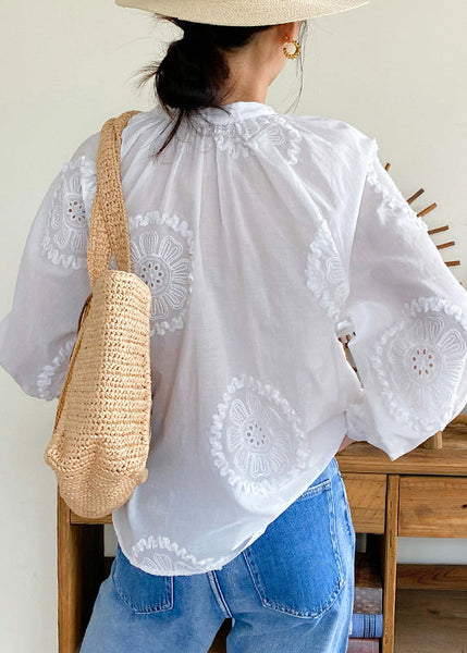 Up Elegant White Out Lace Cotton Embroidered Hollow Blouses FashionChic