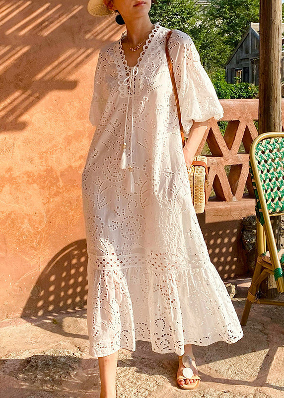 Dress Long Elegant Embroidered Cotton Out Hollow Pockets White FashionChic