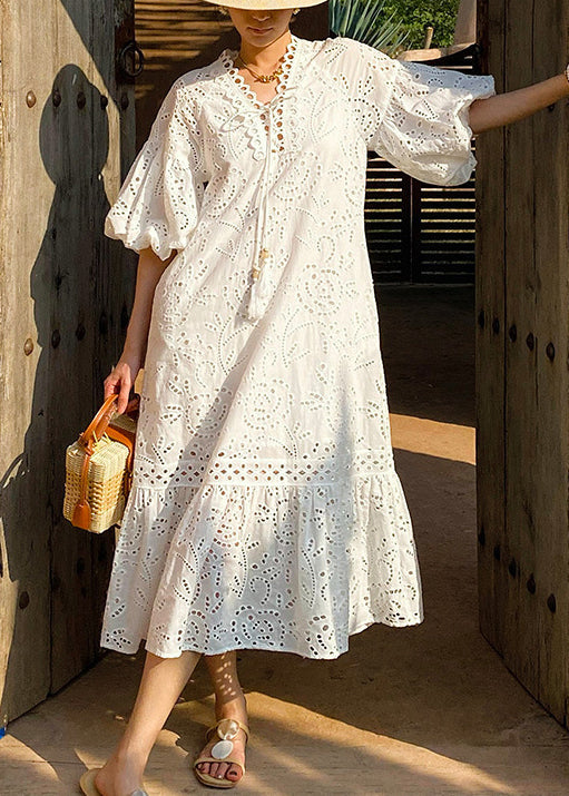 Dress Long Elegant Embroidered Cotton Out Hollow Pockets White FashionChic