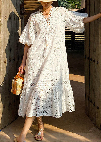 Dress Long Elegant Embroidered Cotton Out Hollow Pockets White FashionChic