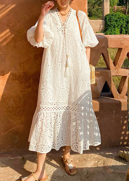Dress Long Elegant Embroidered Cotton Out Hollow Pockets White FashionChic