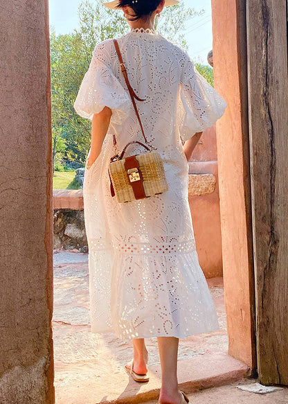 Dress Long Elegant Embroidered Cotton Out Hollow Pockets White FashionChic