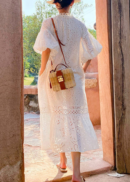 Dress Long Elegant Embroidered Cotton Out Hollow Pockets White FashionChic