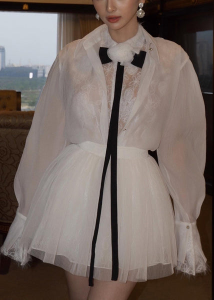 Shirts Tulle Skirts Embroidered And Pieces White Two Lace Elegant FashionChic