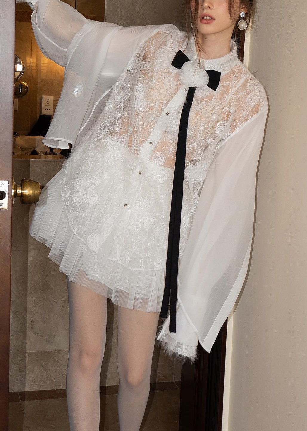 Shirts Tulle Skirts Embroidered And Pieces White Two Lace Elegant FashionChic