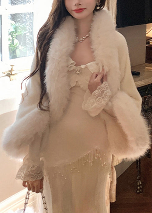 Elegant White Fur Collar Coat And Dress Fluffy Two Pieces Set Flare Sleeve YW004 ABC