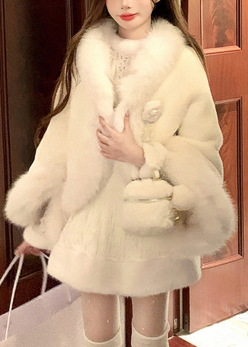 Elegant White Fur Collar Coat And Dress Fluffy Two Pieces Set Flare Sleeve YW004 ABC