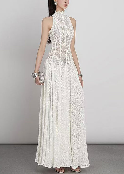 Lace Hollow Out Dress White Elegant Sleeveless Solid Maxi FashionChic