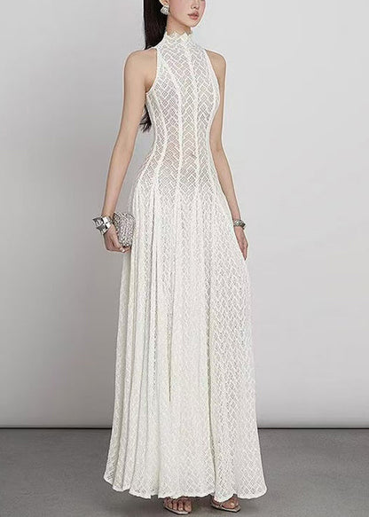 Lace Hollow Out Dress White Elegant Sleeveless Solid Maxi FashionChic