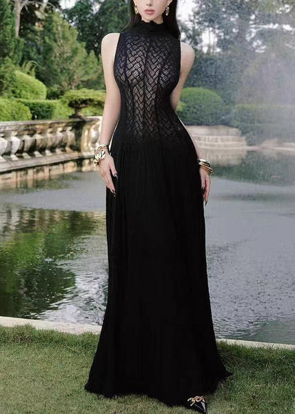 Lace Hollow Out Dress White Elegant Sleeveless Solid Maxi FashionChic